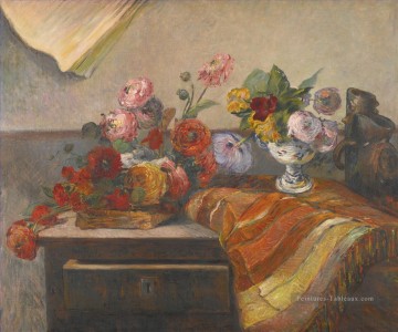  fleurs - BOUQUETS ET CERAMIQUE SUR UNE COMMODE nature morte fleurs Paul Gauguin impressionniste